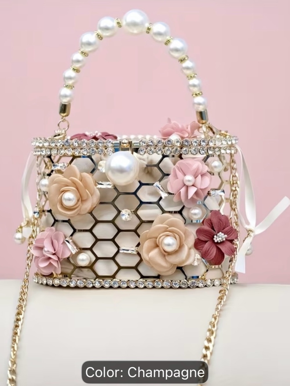 Elegant Champagne Floral Pearl Evening Bag